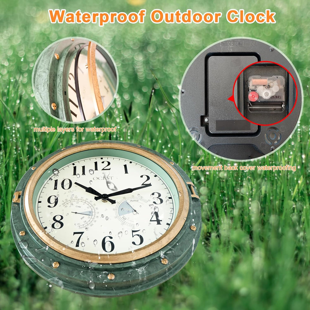 OCEST 16 Inch Waterproof Outdoor Wall Clock, Thermometer Hygrometer