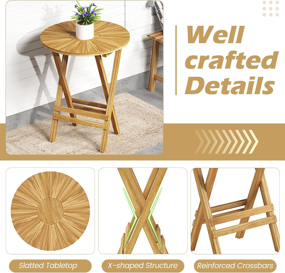 Tangkula Patio Folding Side Table, 23.5" Teak Wood Round End Table with ...