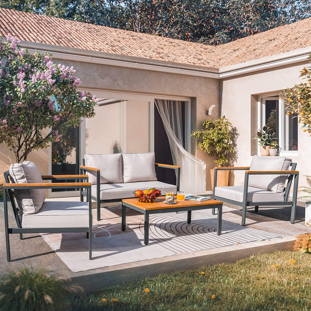Greesum 4 Piece Furniture Patio Lounge Conversation Set Solid Wood Armrest &a...