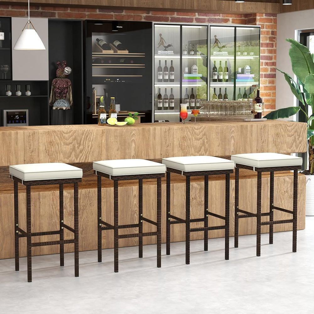 HAPPYGRILL Wicker Bar Stools Set of 4, Bar Height Bistro With Removable Seat ...
