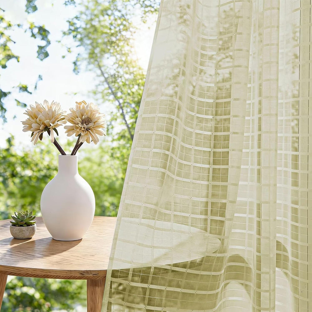 4 Panels Outdoor Sheer Curtains for Patio, Jacquard Check Curtains for Patio ...