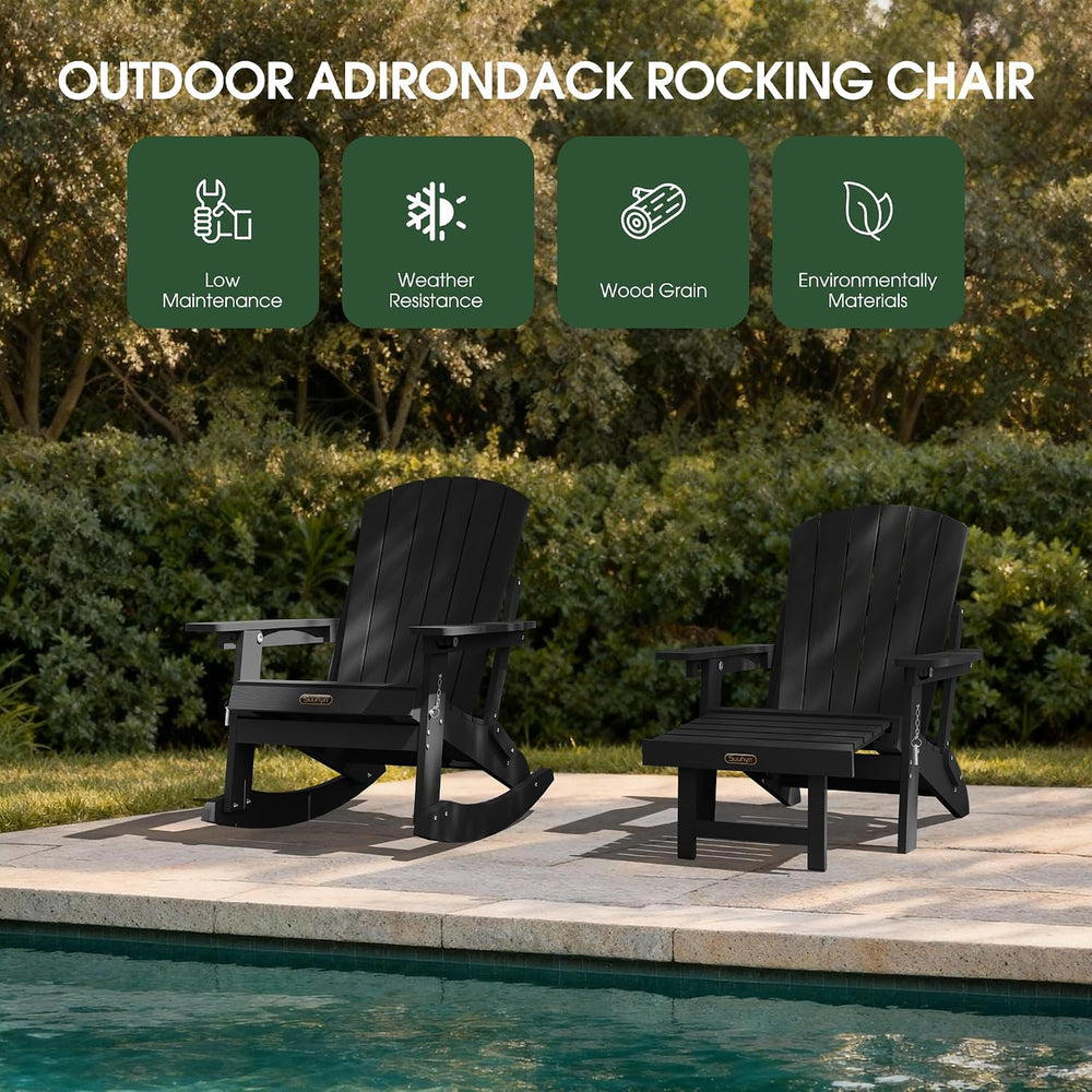 4-in-1 Adirondack Rocking Chair Set of 4, HDPE, Ottoman, Black
