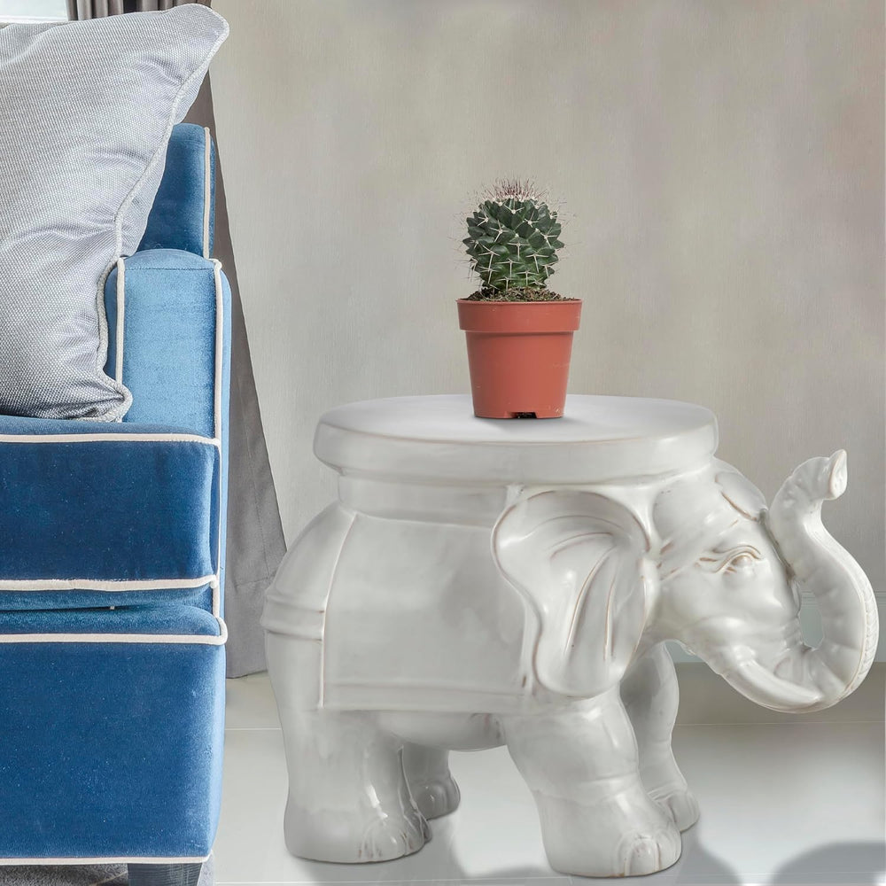 JONATHAN Y White Elephant Ceramic Garden Stool 14.25", Antique White