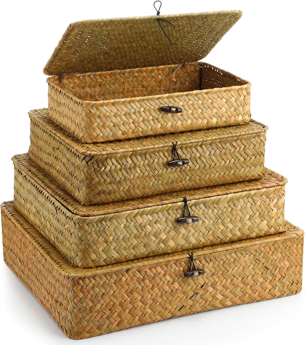 Didaey Set of 4 Seagrass Basket with Lid Wicker Storage Basket Decorative Sto...