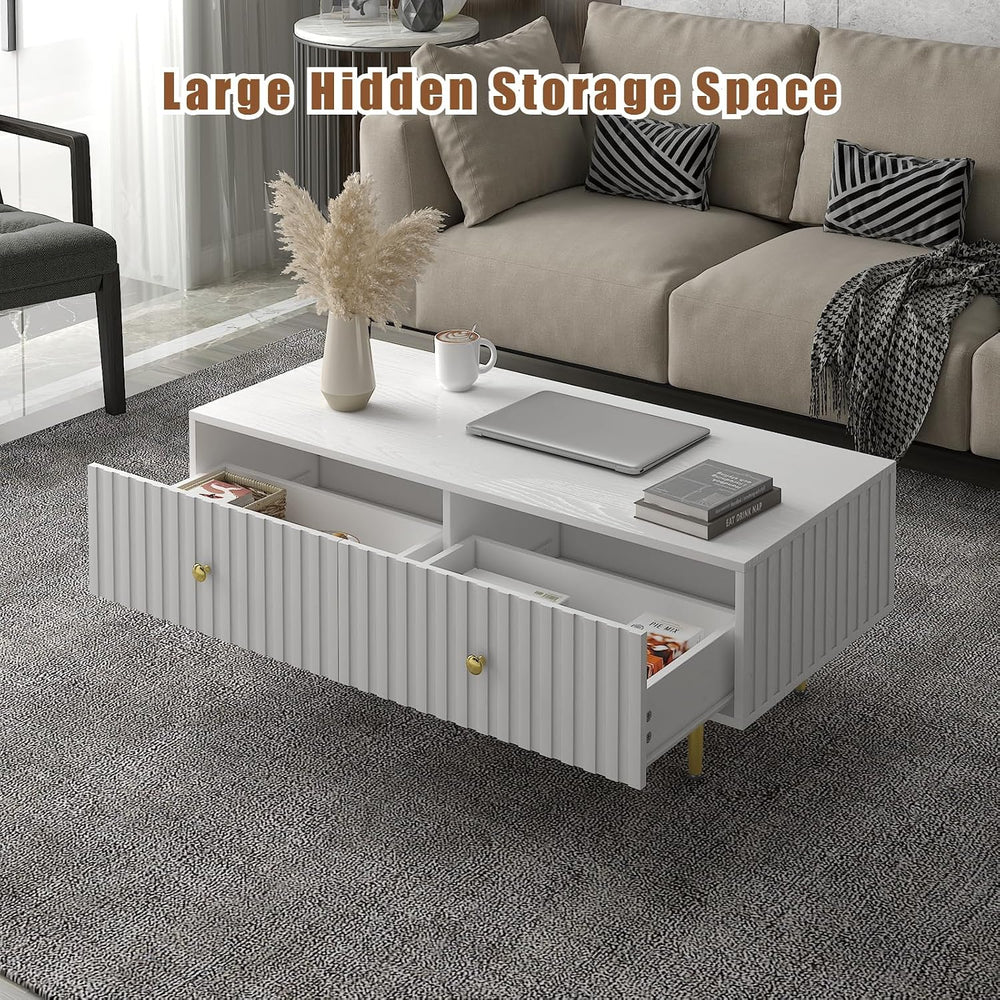 HedoAjim Modern Coffee Table with Storage with 2 Big Drawers, White Rectangle...