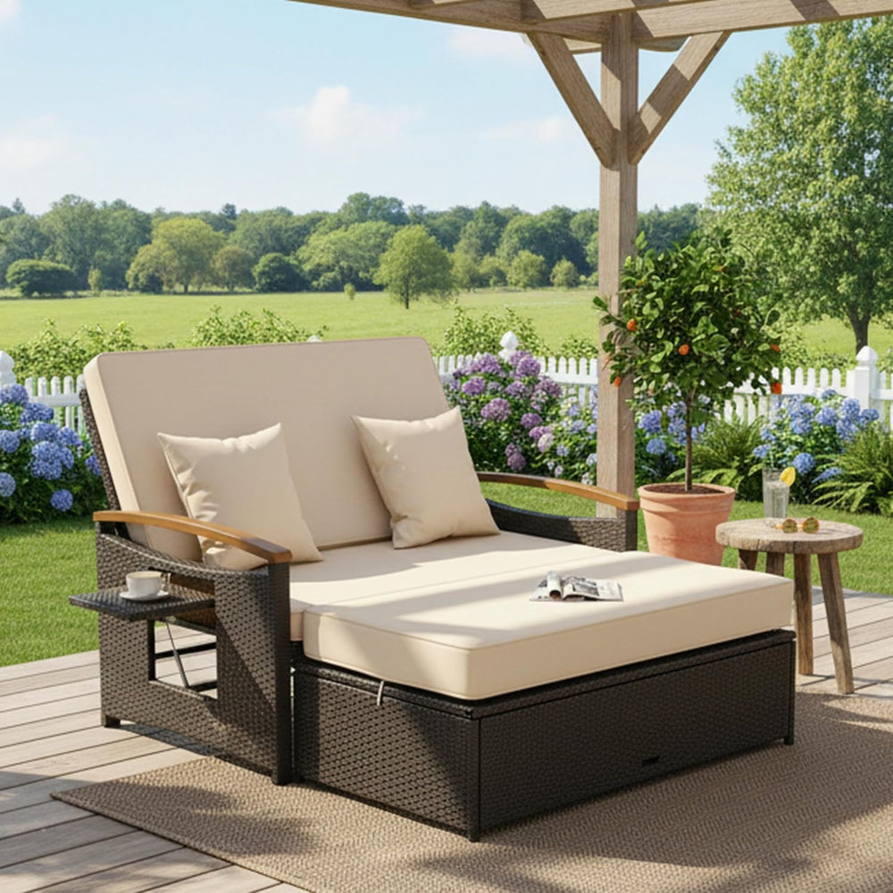 Tangkula Patio Rattan Daybed, Outdoor Wicker Loveseat, Mix Brown & Beige