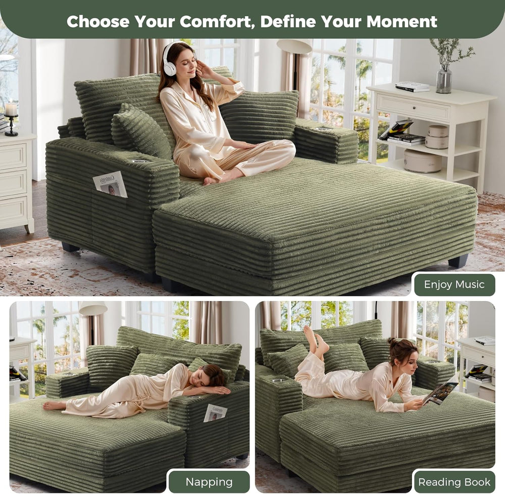 60" Oversized Chaise Lounge Chair with Wood Frame, USB Charging Port, Green
