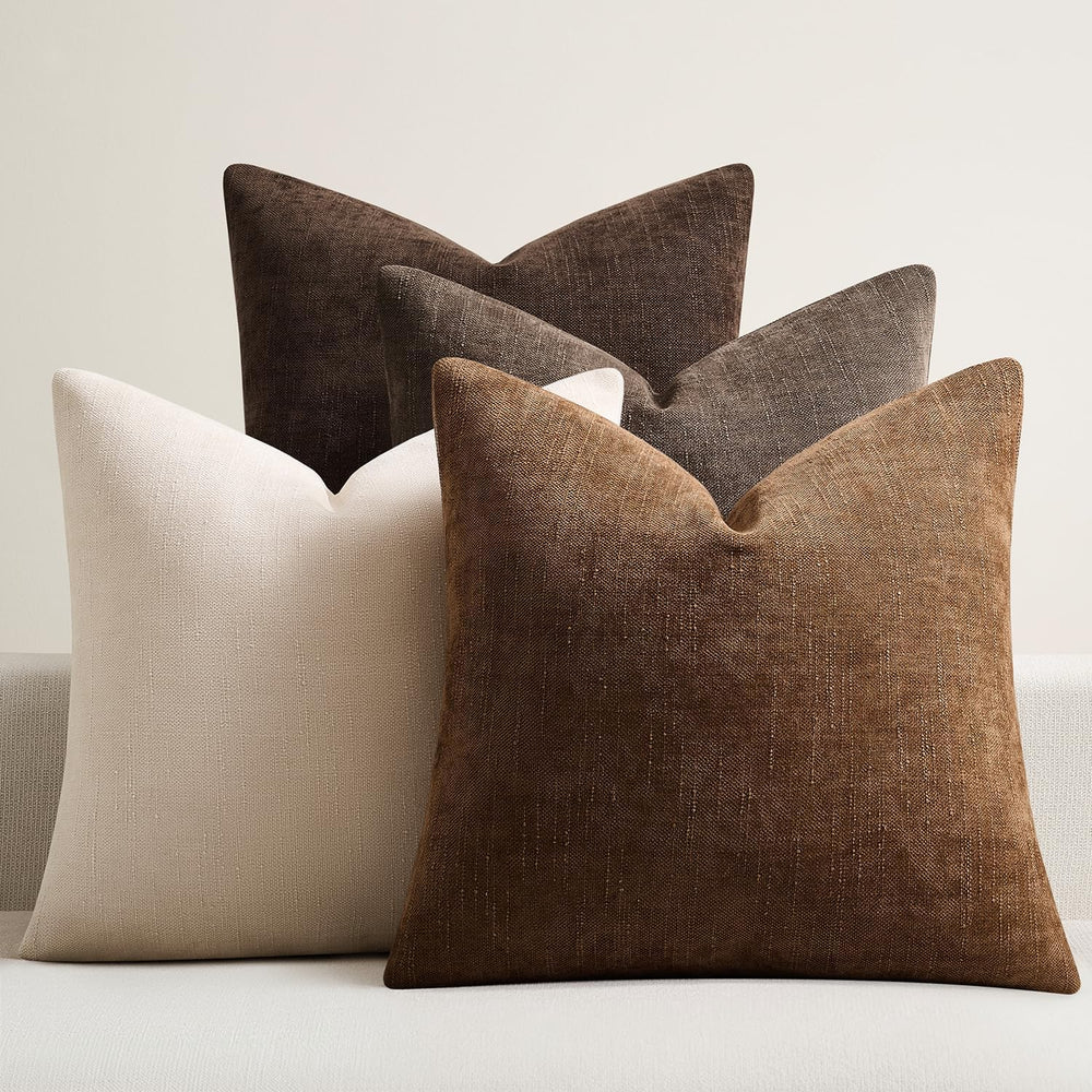 Pack of 4 Throw Pillow Covers 20x20 Inch Chenille Textured Neutral Brown Soft...