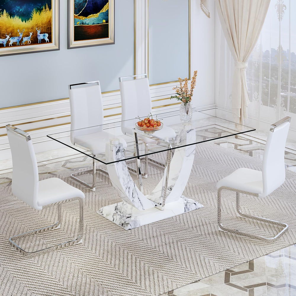 JUFU 7-Piece White Dining Table Set for 6, 63" Rectangular Glass Dining ...