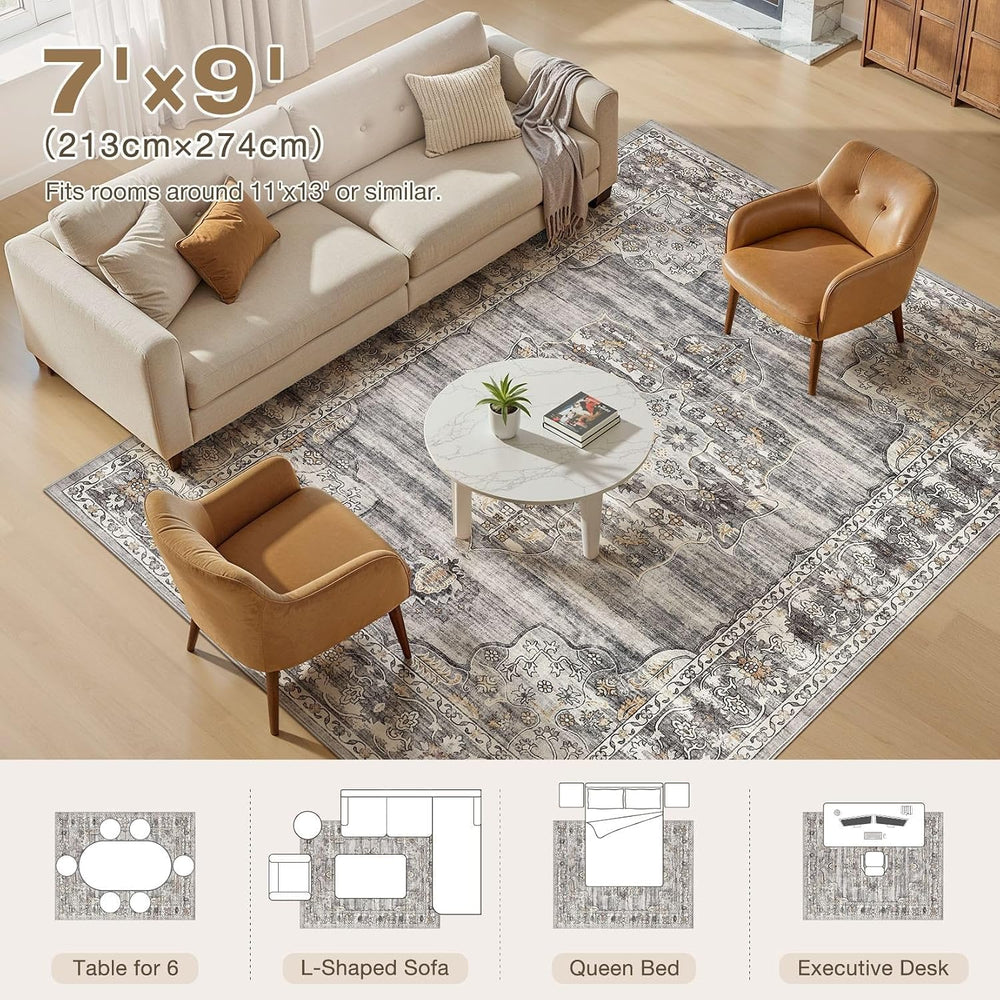 Vintage Washable 7x9 Area Rug, Non-Slip Indoor Carpet, Grey