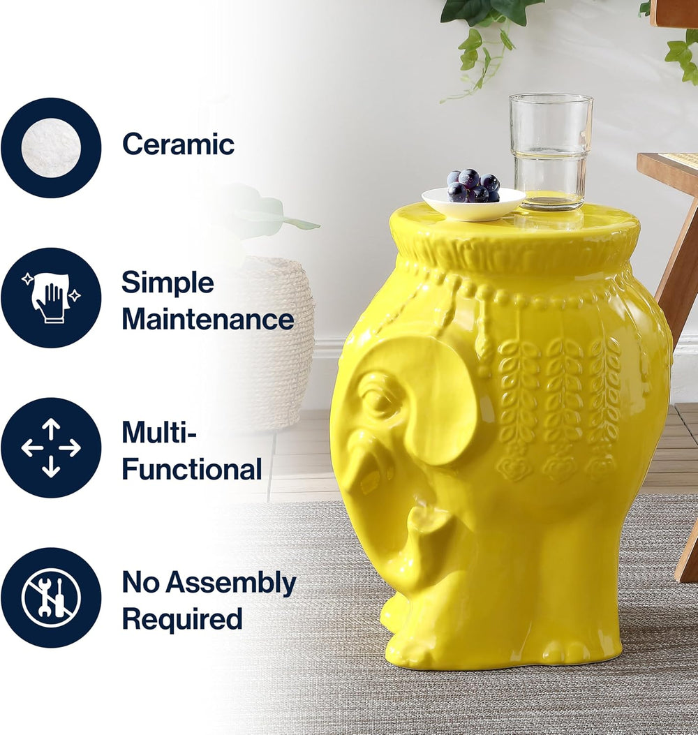 JONATHAN Y Orla Elephant Garden Stool 18.5" Ceramic Accent Table, Yellow