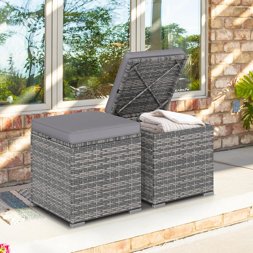 Tangkula 2 Pieces Patio Ottomans, Patiojoy Hand-Woven PE Rattan Side Table wi...