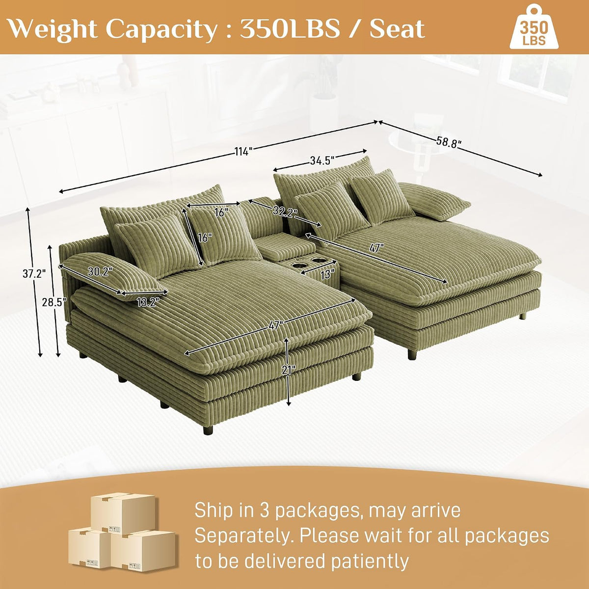 114" oversized double chaise lounge, corduroy sofa bed shown in use