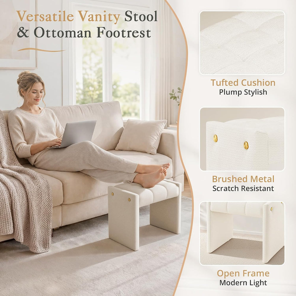 LUE BONA Modern Grid Tufted Vanity Bench Stool, 4.33'' Thick Chenille...