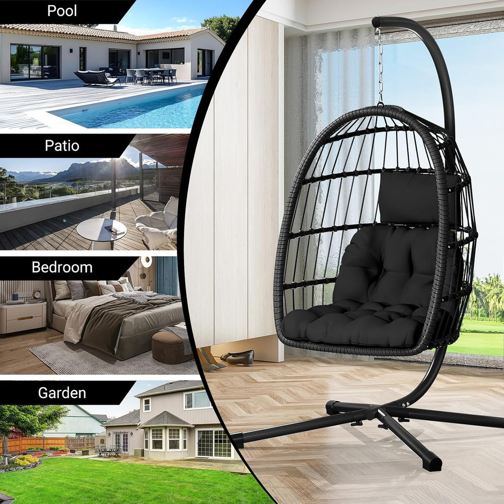 CHABATREE Egg Chair with Stand,Patio Rattan Wicker Hanging Swing Egg Chair Ha...