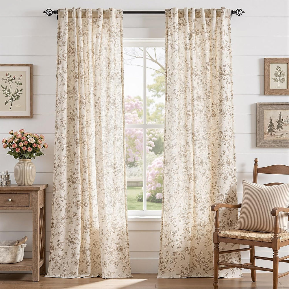 jinchan Linen Curtains 96 inch Taupe Floral Farmhouse Rod Pocket 2 Panels