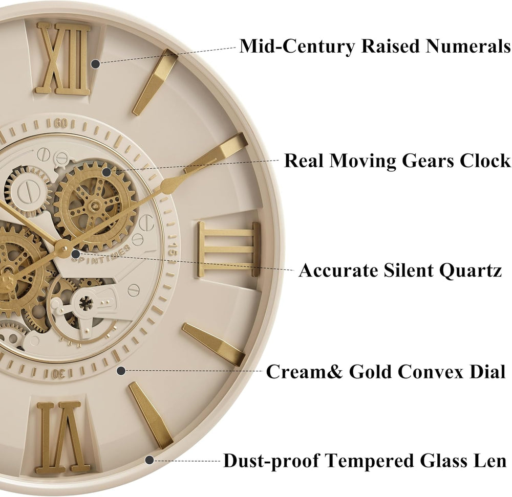 CLXEAST Mid Century Modern 24 Inch Moving Gear Walll Clock, Ivory &Gold