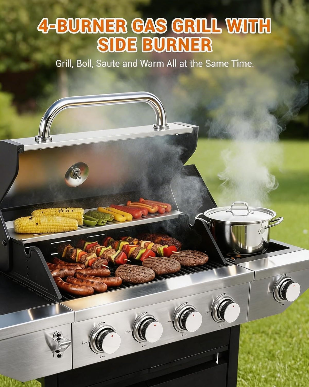 EUHOME 4-Burner Propane Gas BBQ Grill with Side Burner, 46,500 BTU Stainless ...