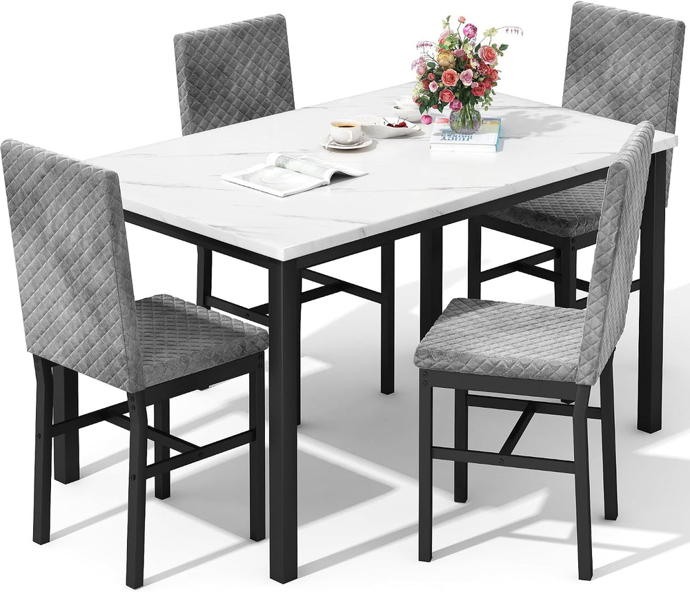 DKLGG Dining Table Set for 4, Faux Marble Kitchen Table with Velvet Upholster...