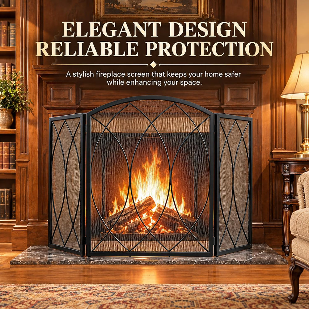 FEED GARDEN 3-Panel Fireplace Screen 48"W x 29.5"H Wrought Iron Spa...