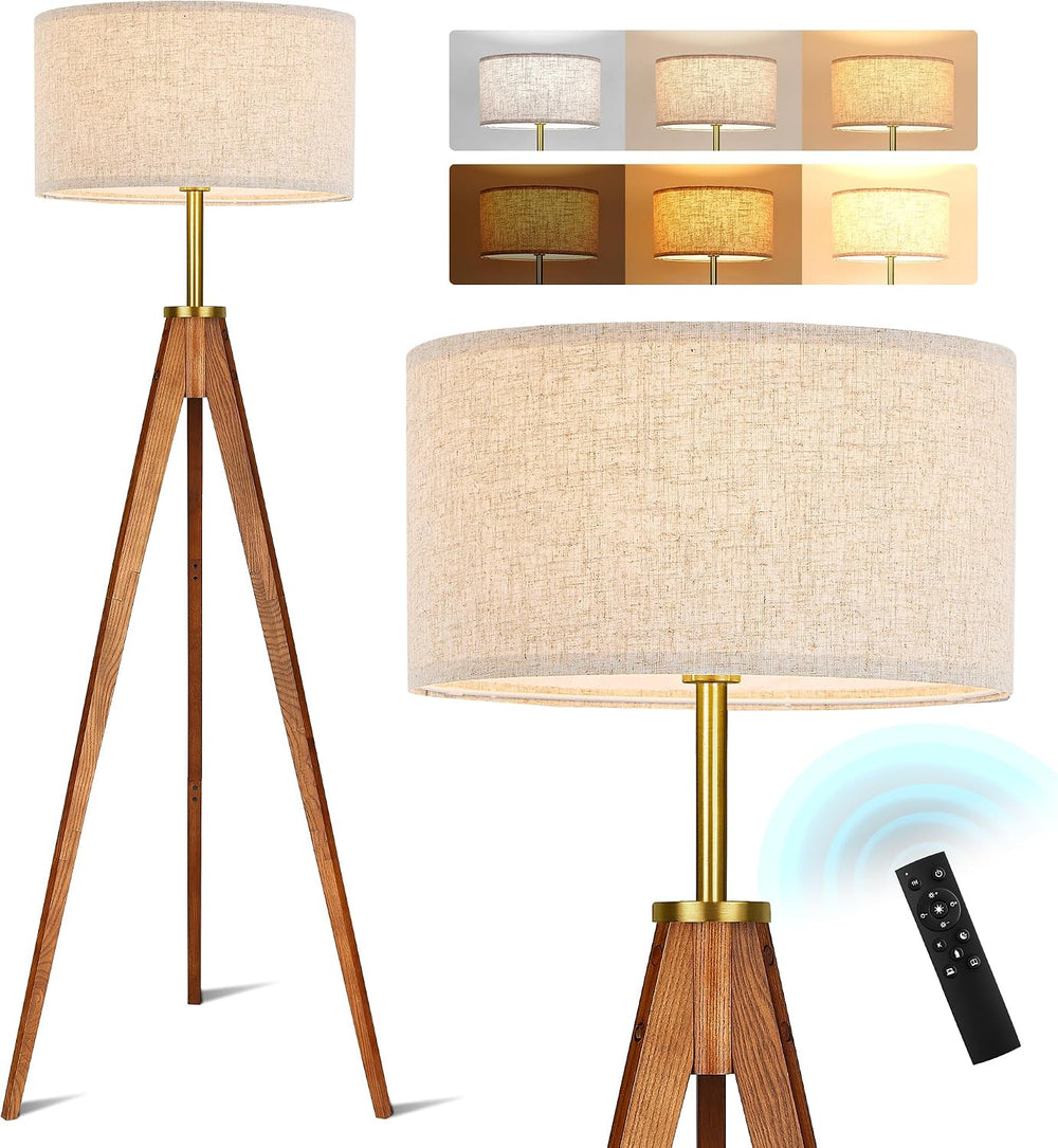 ELYONA Floor Lamp for Living Room, Solid Ash Wood Tripod Floor Lamp with Remo...