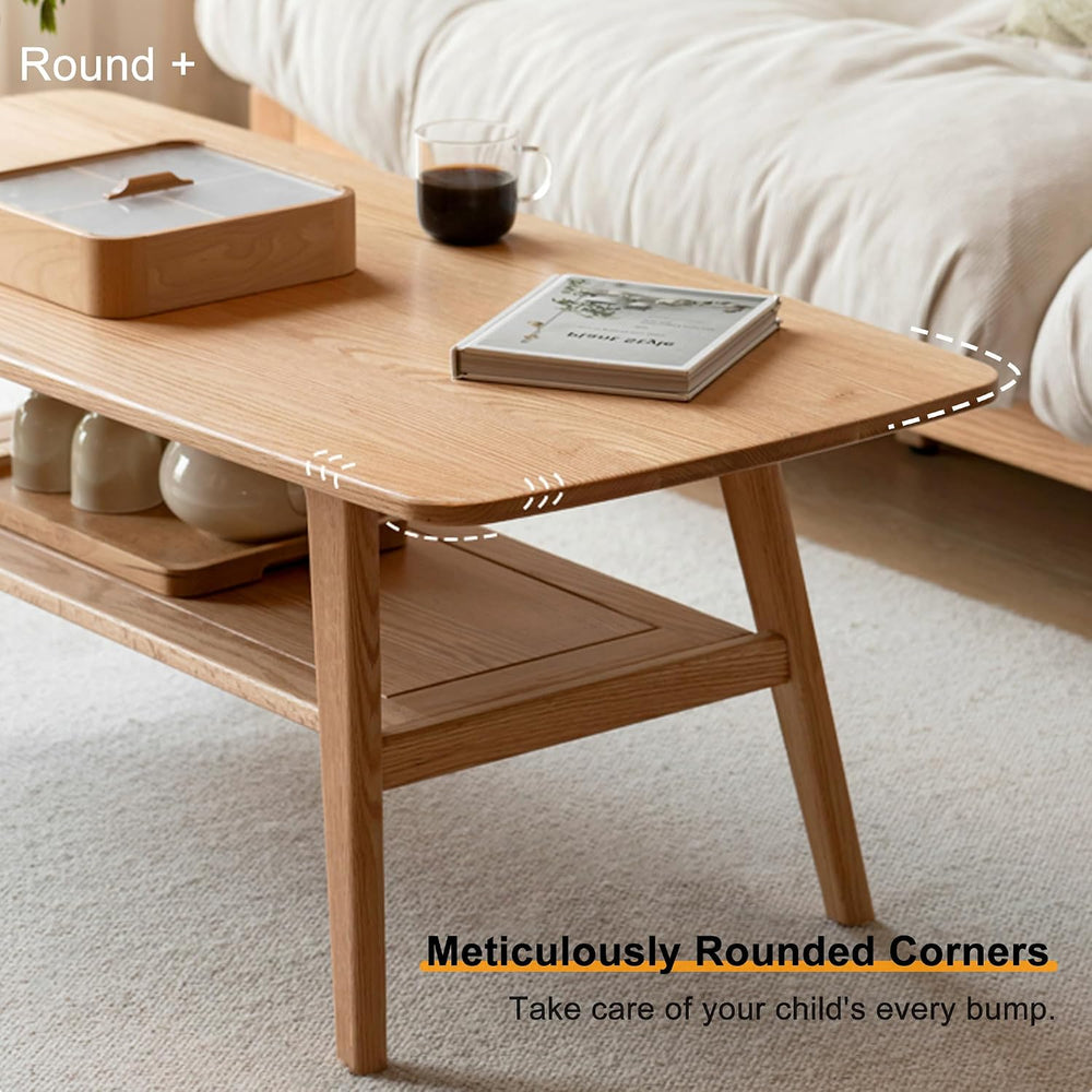Modern Solid Oak Wood Coffee Table, 2-Tier Small Wooden Coffee Table with Sto...