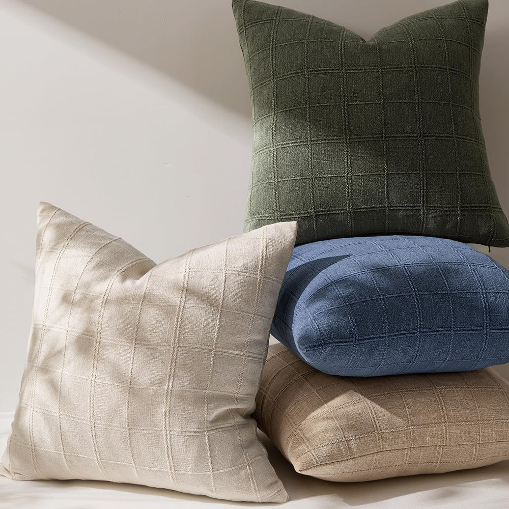 Set of 2 Linen Plaid Throw Pillow Covers 22x22 Inch, Beige