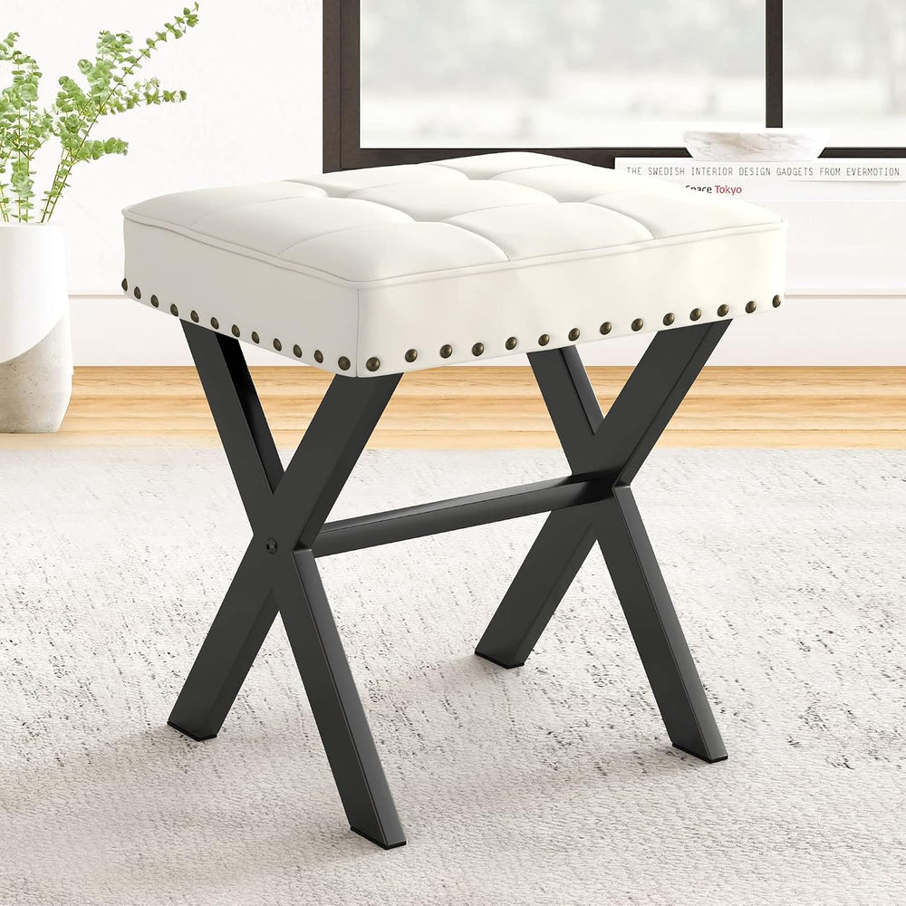 LUE BONA White Vanity Stool - Square Faux Leather Makeup Seat With Metal X Le...