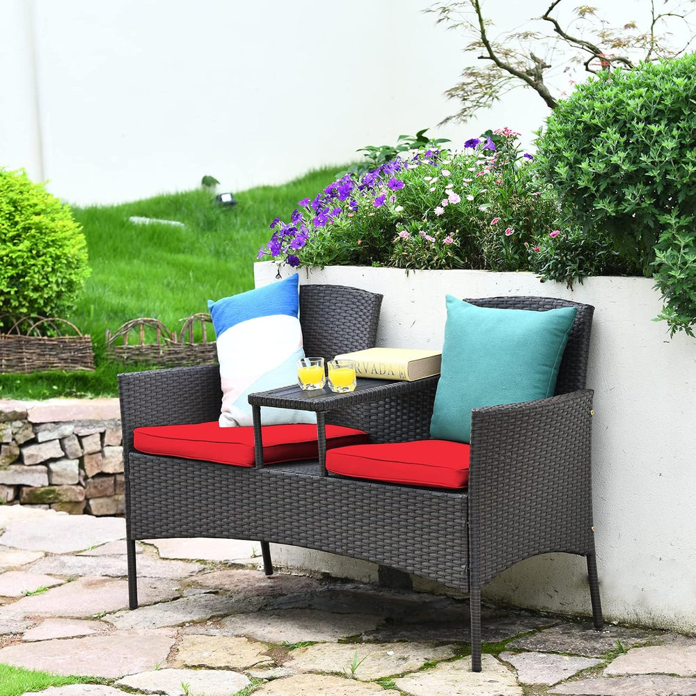 Tangkula Outdoor Rattan Loveseat, Patio Conversation Set with Cushions & ...