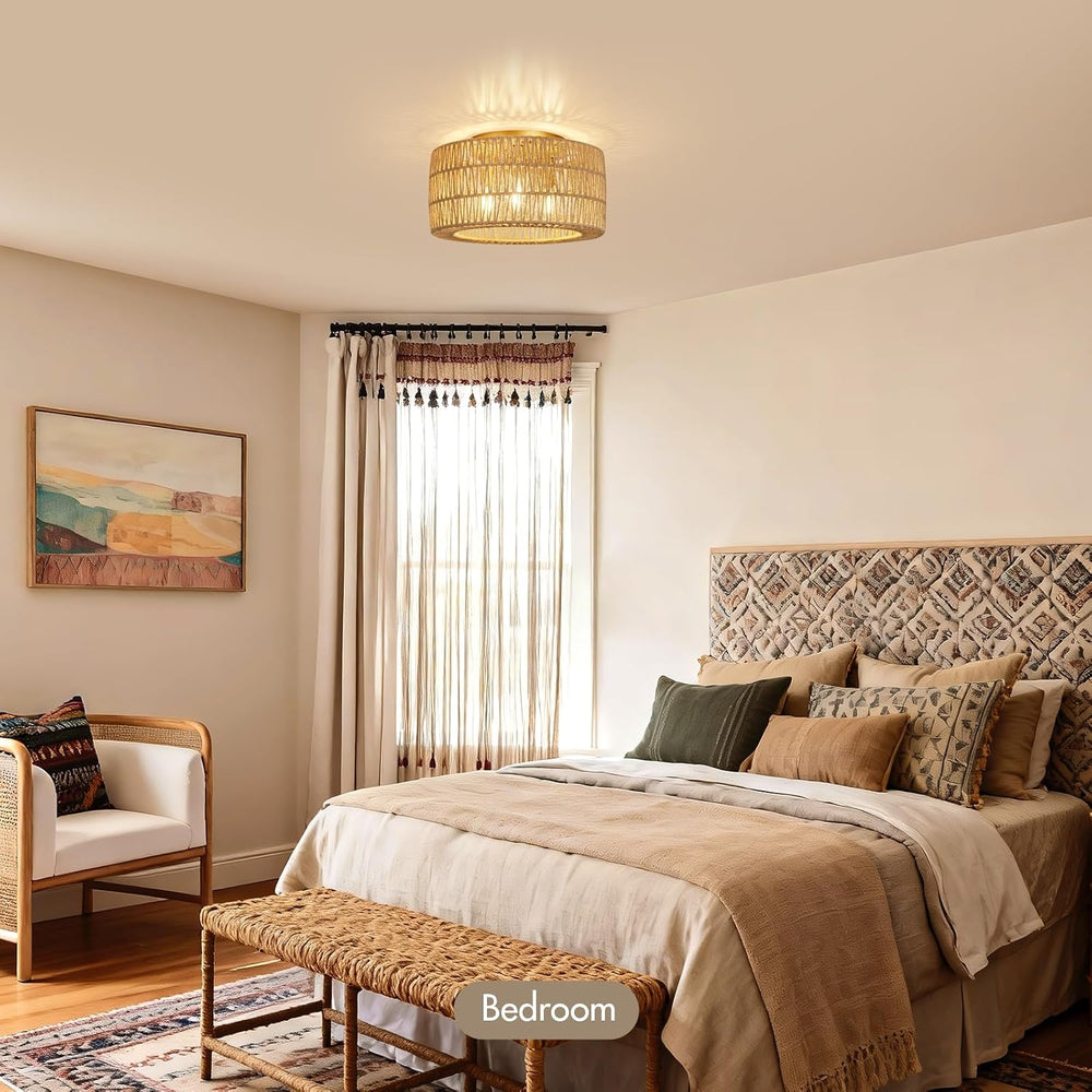 Boho Light Ceiling Fixture Flush Mount Rattan Woven Basket Chandelier for Bed...