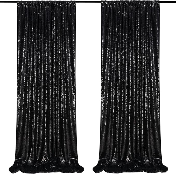 Black Sequin Backdrop 2 Panels 2FTx8FT Halloween Backdrop Curtains Party Deco...