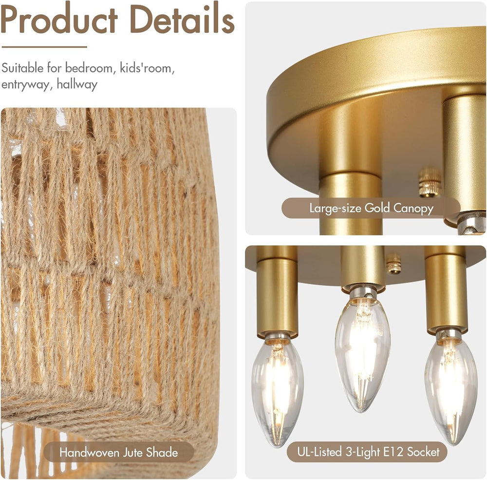 Boho Light Ceiling Fixture Flush Mount Rattan Woven Basket Chandelier for Bed...