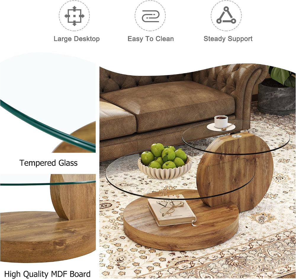35.4" Glass Coffee Table, Small Round Coffee Table, 2-Tier Tempered Glas...