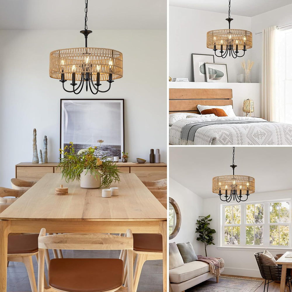 LAMSU Modern Farmhouse Chandelier Light Fixtures, 5-Lights Large Rattan Penda...