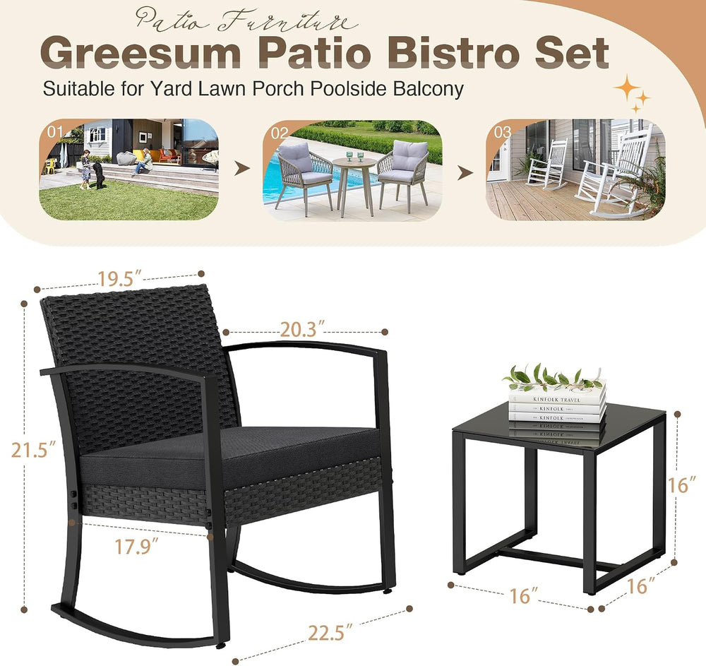 Greesum 3 Pieces Outdoor Furniture Set Patio Bistro Rocking Chairs with Glass...