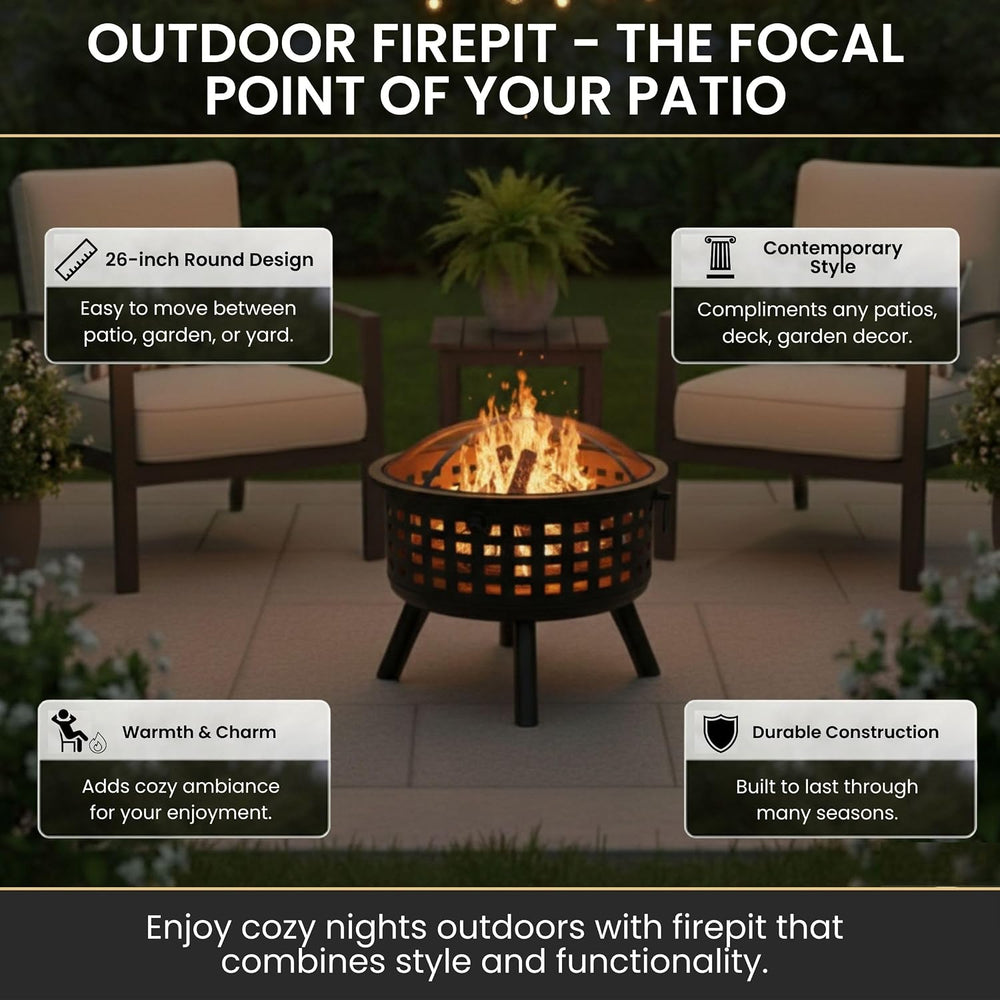 Outdoor Fire Pit - 26-Inch Round Lattice Wood Burning Firepit with Screen, Po...