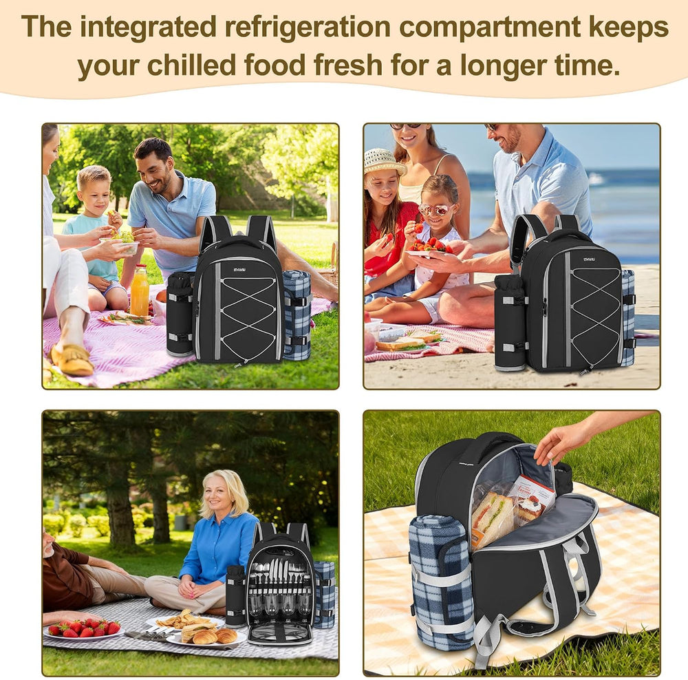 Picnic Backpack for 4 Persons with Insulated Leakproof Cooler Compartment, Cu...