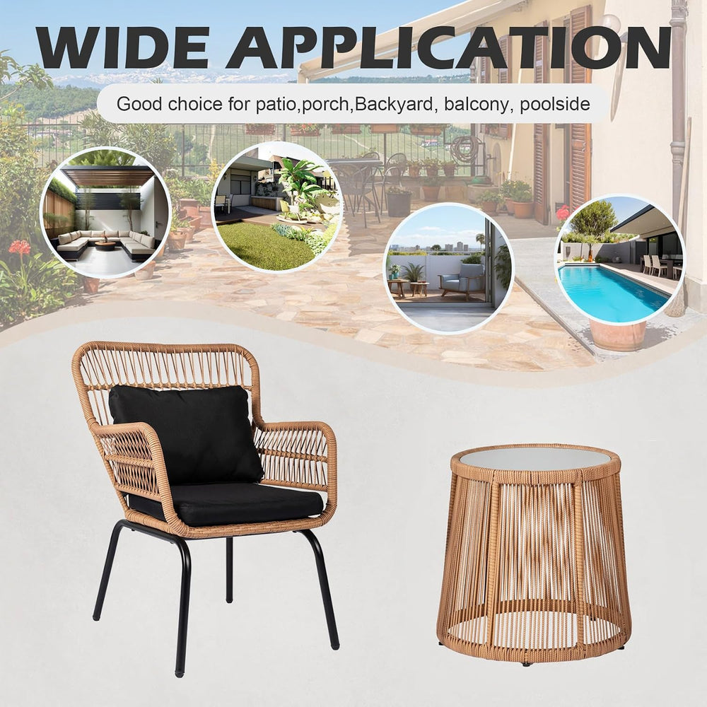 3 Piece Outdoor Wicker Furniture Bistro Set, Rattan Chairs Conversation Sets ...