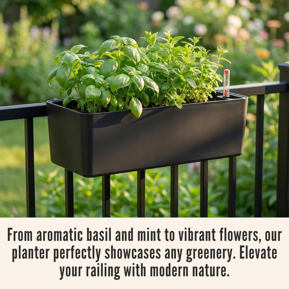 LaLaGreen Railing Planter Boxes (16 Inch, 2 Pack) Black Rectangular Plastic W...