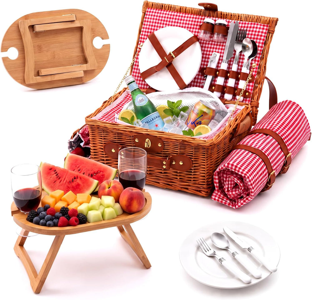 Wicker Picnic Basket Set for 2 with Foldable Table, Blanket, Insulated Liner,...