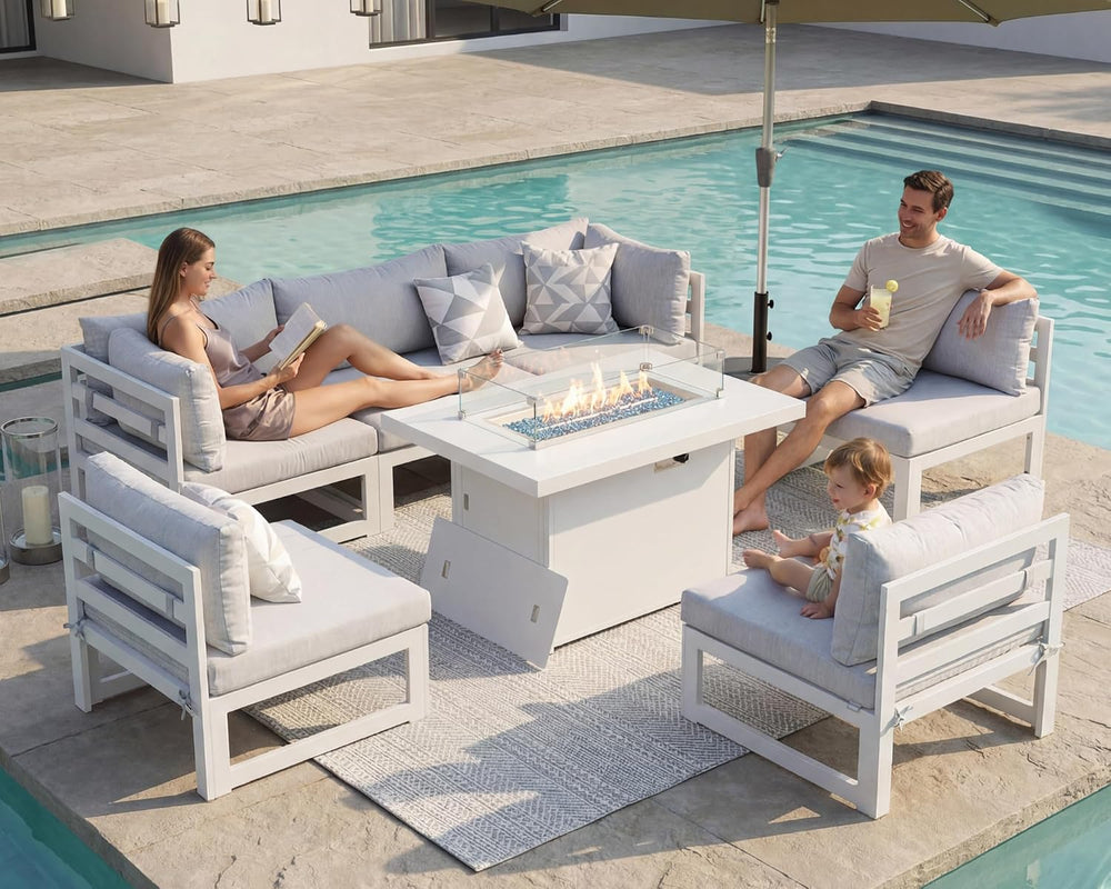 RADIATA 7 Piece Aluminum Patio Furniture Set with Fire Pit Table, White