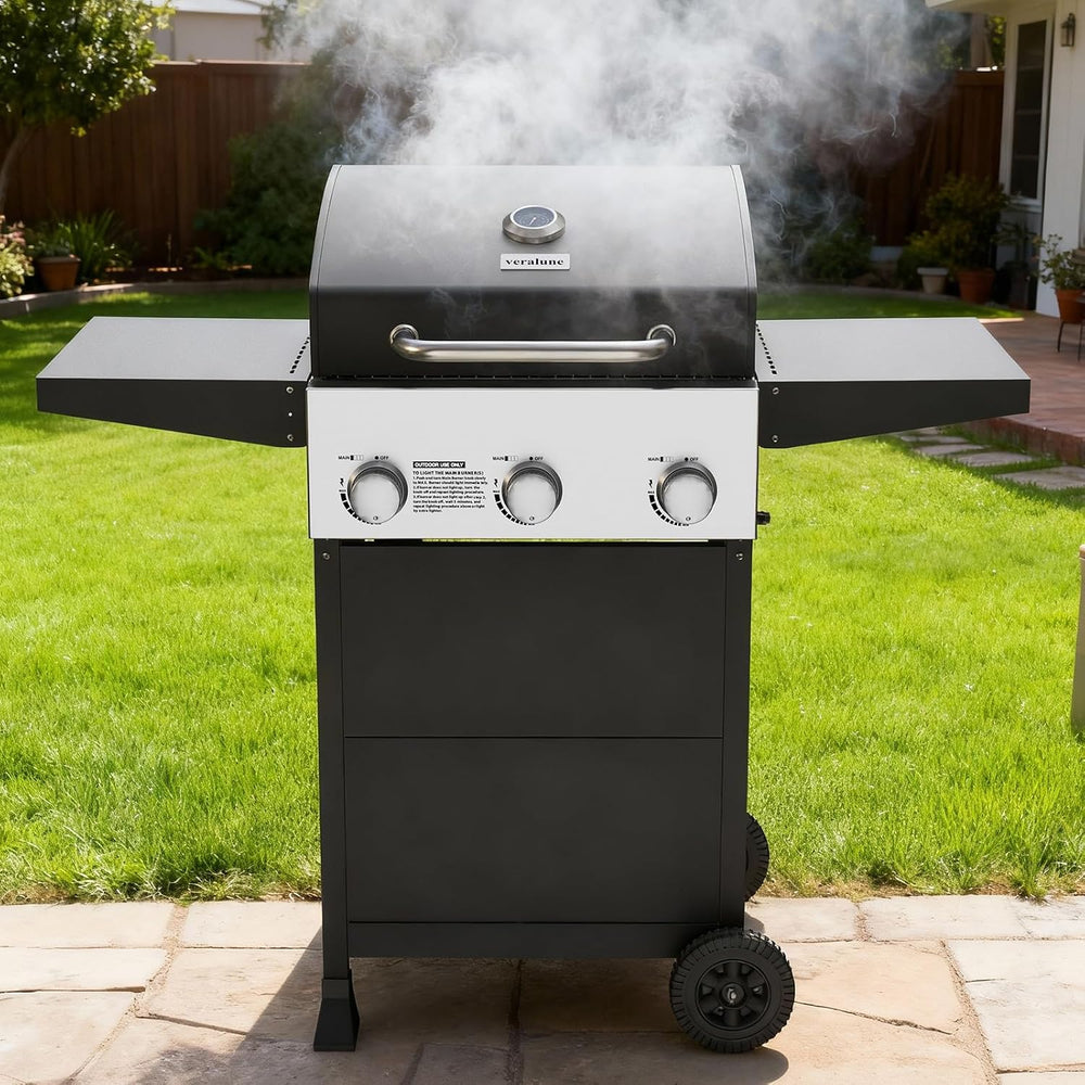 Veralune 3 Burner Gas Grill, Outdoor Propane Grill with Wheels, 445 SQ. IN