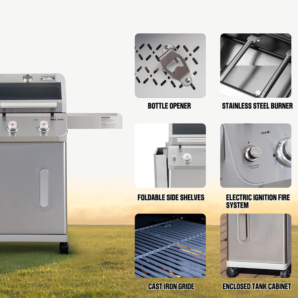 Monument Grills 2-Burner Stainless Steel Liquid Propane Gas Grill, Two Foldab...