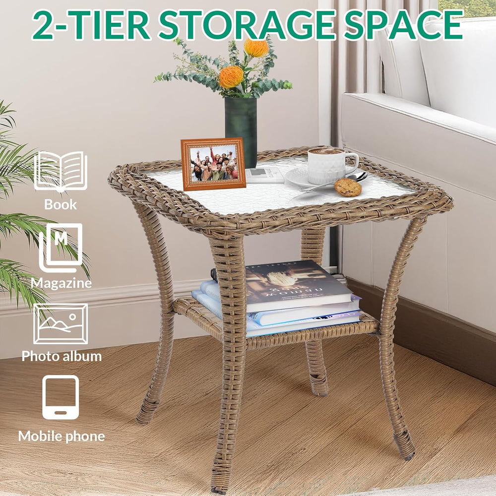 VIVIJASON Outdoor Wicker Side Table, All-Weather Rattan Patio Side Table Bist...