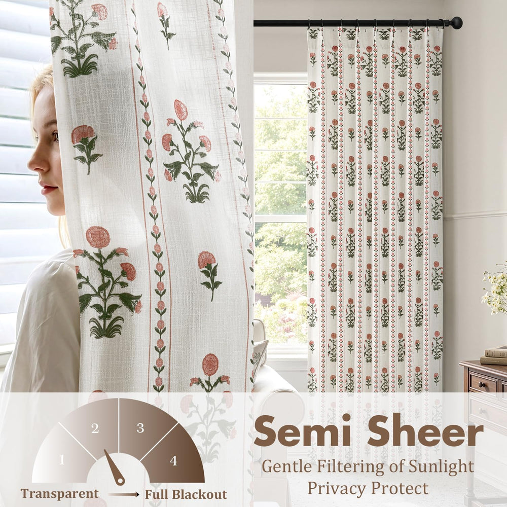 Floral Pinch Pleated Linen Curtains,Pink & White,40" W x 84" L