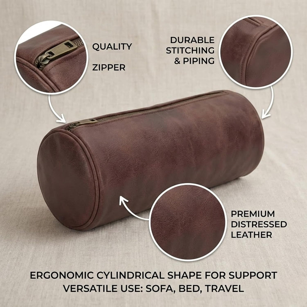 Genuine Leather Bolster Cylinder Pillow Cover Case for Lumbar Throw Couch Pil...
