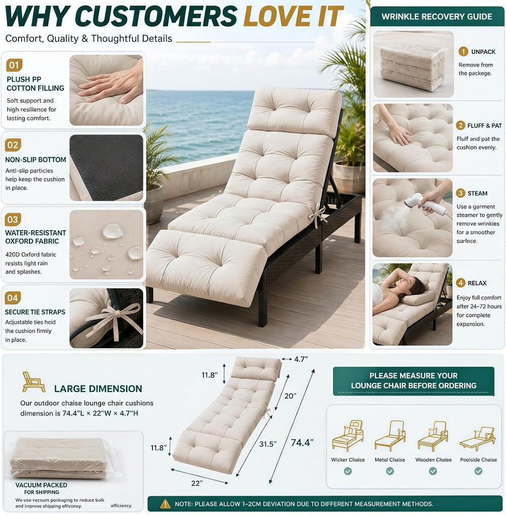 Chaise Lounge Cushion Outdoor, 74.4" x 22" Waterproof Patio Lounge ...