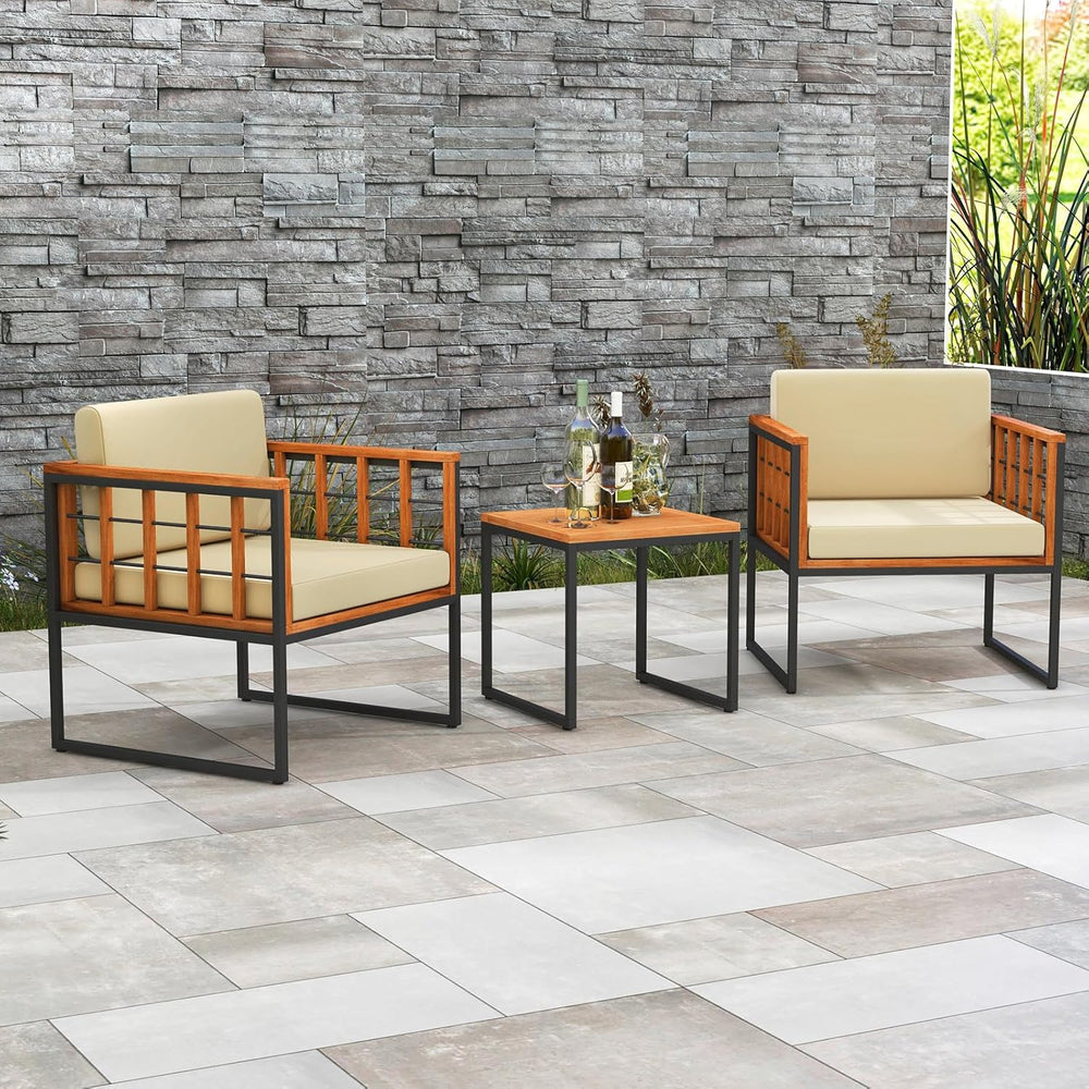 Tangkula 3 Pieces Patio Chair Set, Acacia Wood Outdoor Sofa Set with Metal Su...