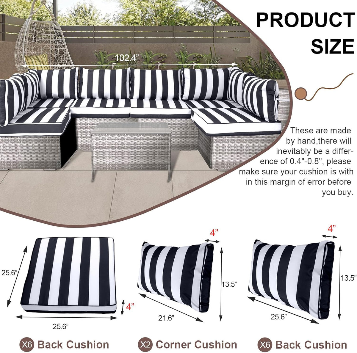 14 piece outdoor furniture replacement cushions, cover+filling, 25.6" shown in use