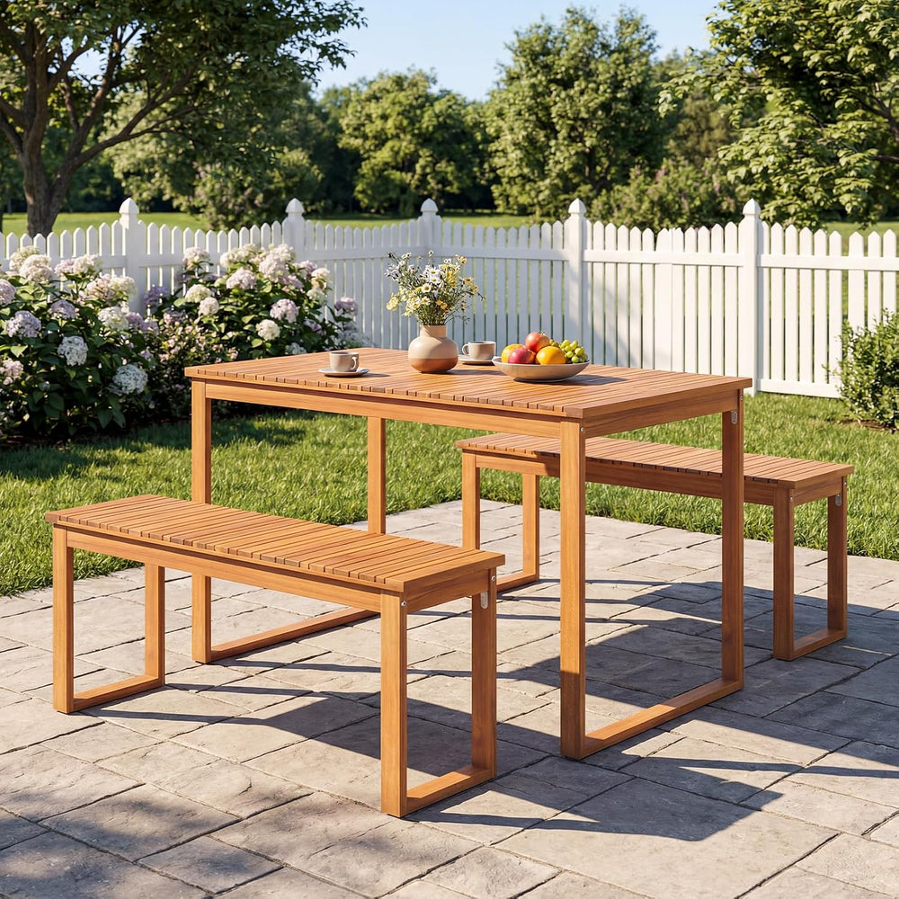 Tangkula 3 Pieces Patio Wooden Dining Set, Acacia Wood Rectangular Picnic Bee...